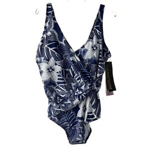 ROXANNE Bathing  Suit One Piece Size W 12 36D Cup Draped Sash UPF 50+ Navy D23